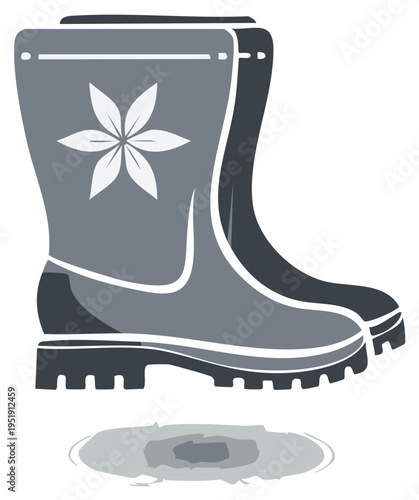 Gray rubber boots illustrated for rainy day or garden work with shadow and flower
