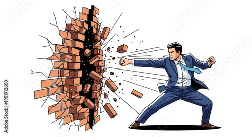 Photos Businessman Breaking Through Brick Wall.