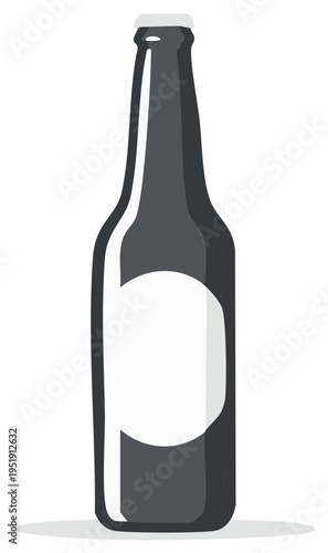 Dark glass bottle with blank white label for beer, water or beverage product. Simple illustration with long neck and bottle cap.