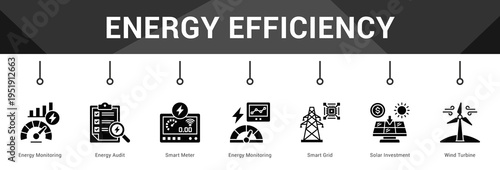 Energy Efficiency  Modern and clean web banner illustration vector featuring thematic icons