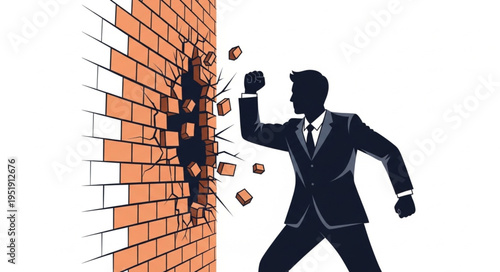 Photos Businessman Breaking Through Brick Wall.