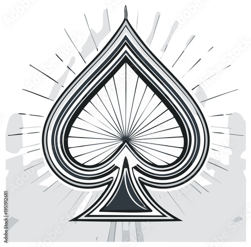 Spade playing card symbol with bicycle wheel inside and radiating lines