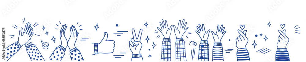 Fototapeta premium Hand Gesture Line Art Border Continuous Thumbs Up Clapping OK Peace Vector Illustration