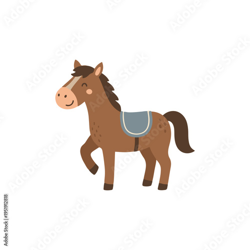 Cute brown horse with blue saddle standing flat illustration scandinavian style
