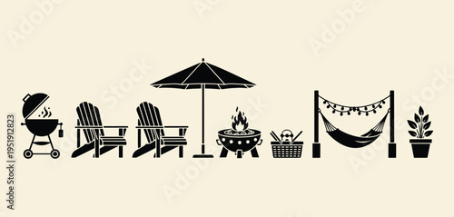 Outdoor Camping and Backyard Leisure Silhouette Set Hammock Grill Fire Pit Umbrella Vector Icons