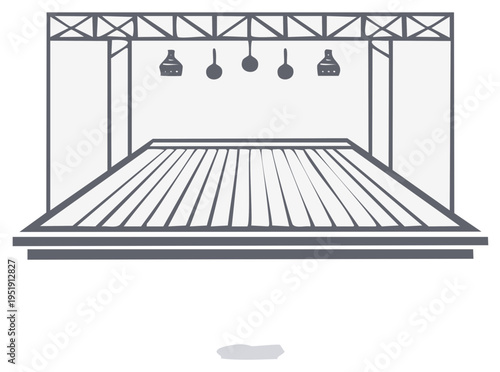 Empty concert stage outline illustration, performance venue interior, music show, theatrical event, stage lighting and wooden floor
