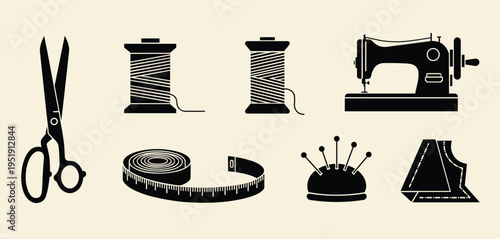 Sewing Tools Black Silhouette Set Tailoring Equipment Scissors Machine Thread Vector Icons