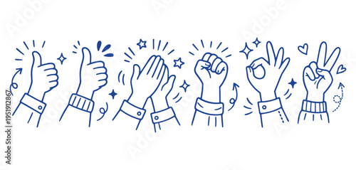 Hand Gesture Doodle Set Thumbs Up Clapping OK Peace Sign Line Art Vector Collection