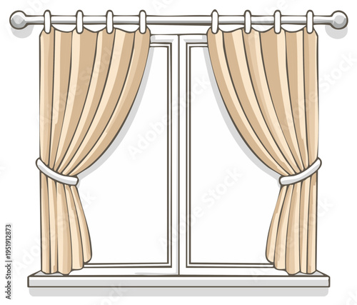 Window with Beige Curtains for Home Interior Cartoon Illustration