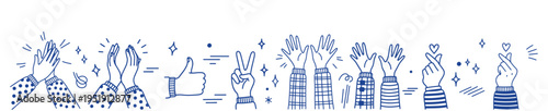 Hand Gesture Line Art Border Continuous Thumbs Up Clapping OK Peace Vector Illustration