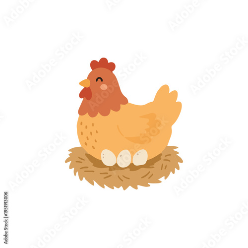 Cute hen sitting in nest with eggs flat illustration scandinavian style