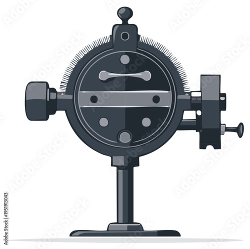 Illustrated mechanical device with circular dial and rotating parts