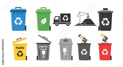 Collection of Recycle Bins for Waste Management Depicting Various Materials including Plastic Glass and General Waste Products Featuring Symbols of Recycling and Environmental Awareness in