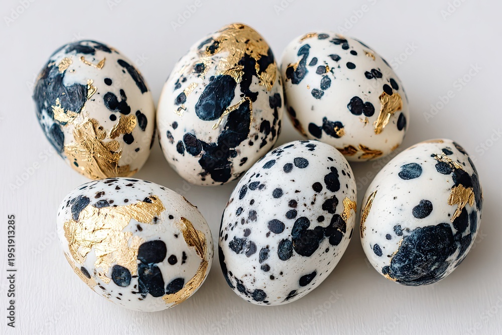Fototapeta premium Decorated easter eggs with gold accents on white surface studio shot