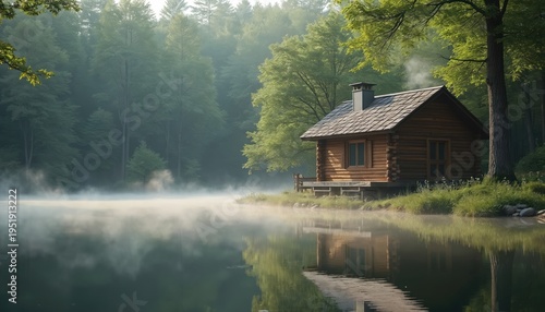 Rustic wooden cabin sits by still forest lake. Low mist rises from water reflecting trees and lodge. Peaceful morning scene offers serene nature escape.