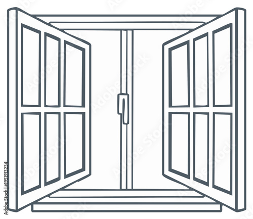 Open window illustration with panes invites fresh air in vector architectural detail outline