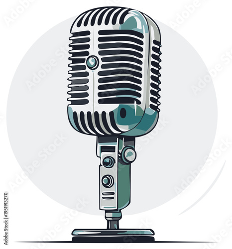 Vintage Microphone Illustration Silver Metal Retro Mic Broadcast Audio Equipment