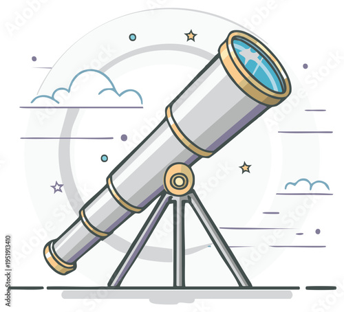 Telescope on Stand for Astronomy and Stargazing in Space with Stars and Clouds