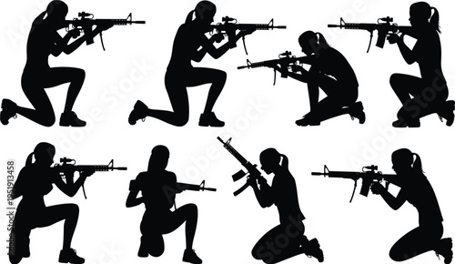 Female rifle silhouette, tactical shooting icons, kneeling posture illustration, military stance design, weapon training graphic, armed forces figure set