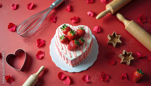 Heart shape cake with strawberries sits on table. Baking tools like whisks and rolling pins surround dessert. Red rose petals scatter creating romantic atmosphere for celebration.
