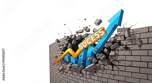 Blue Arrow Breaking Through Brick Wall.