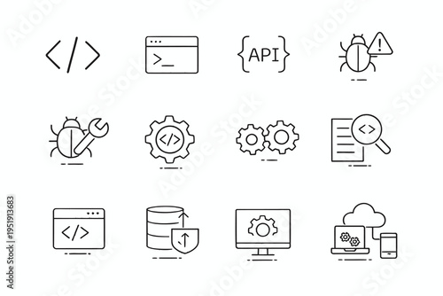 Illustrations representing various aspects of software development and cybersecurity