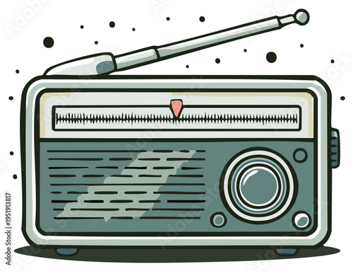 Retro radio with antenna and tuning dial, vintage electronic device illustration