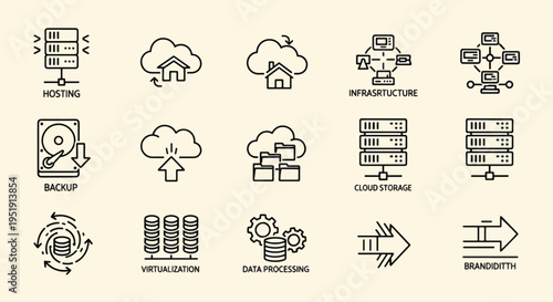 Network services and cloud computing represented through graphical symbols outlining network processes and digital solutions for businesses communication and online data management with network