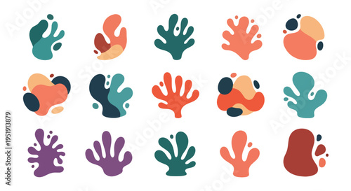 Set of abstract organic blobs irregular shapes and fluid forms in a diverse color palette offers a versatile and decorative design element perfect for creative projects or themed decorations