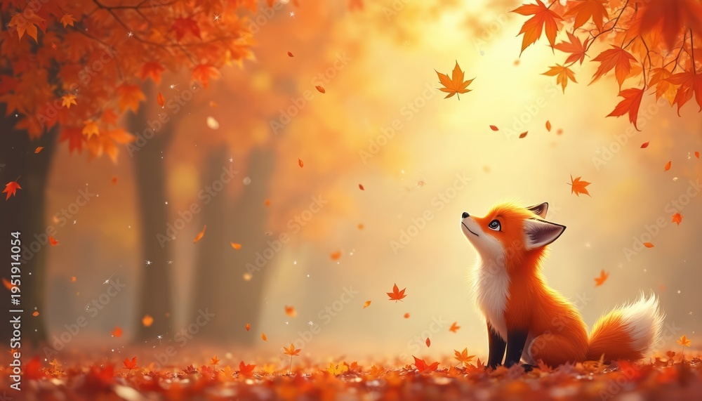 Obraz premium Cute cartoon fox sits in autumn forest looking up at falling maple leaves. Warm golden light filters through trees and orange foliage creates a magical scene.