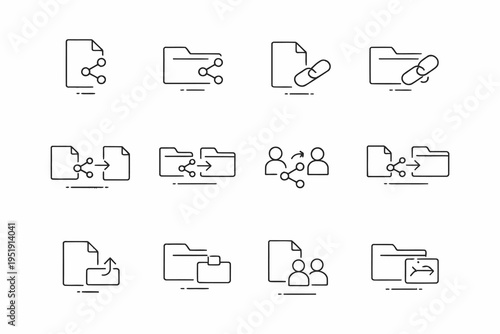 Illustrations of various file and folder interaction concepts in a digital workspace