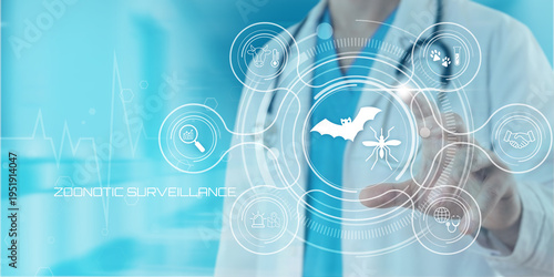 Photos Medical professional interacting with digital interface displaying zoonotic surv