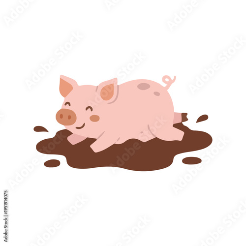 Happy cute pink pig playing in mud puddle flat illustration isolated on white