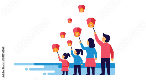 Family releasing colorful paper lanterns into the night sky celebrating a festive occasion