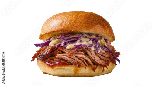 Konstfotografi Delicious pulled pork sandwich with tangy red cabbage coleslaw and barbecue sauc