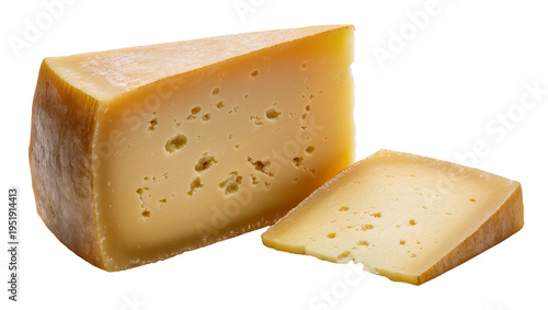 Canvastavla Aged yellow hard cheese wedge and a smaller slice, featuring characteristic hole