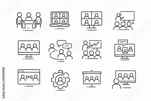 Illustrations depicting various virtual and in-person meeting scenarios