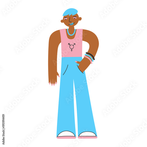 Feminine man of color with makeup in minimal flat style. Latino and black transgender. Self-expression, individuality, confidence and modern gender identity concept.