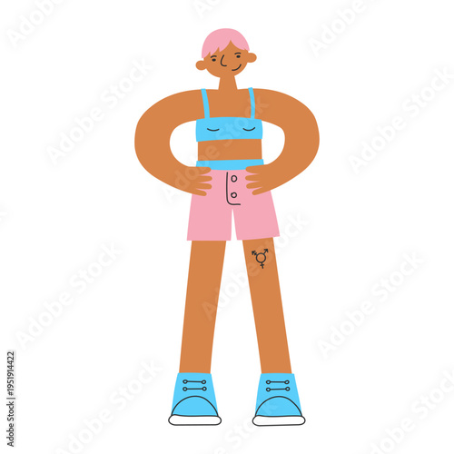 Latino or black transgender. Modern androgynous person in minimal flat style. Individuality, self-expression, confidence and acceptance concept. Diversity, inclusion, identity and lifestyle.