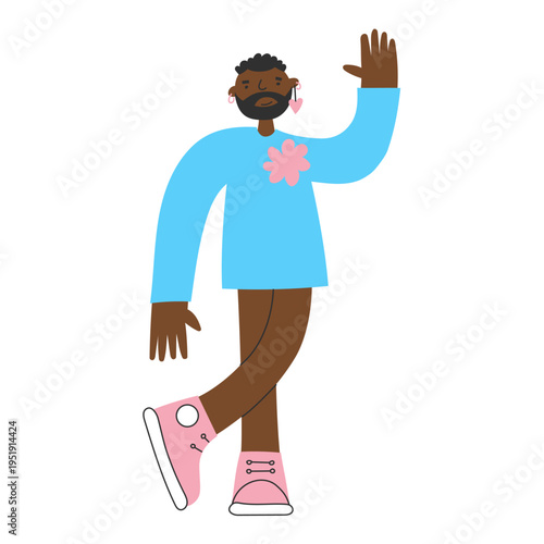 Person with beard in feminine clothing in minimal flat style. Black transgender man. Self-expression, confidence, and breaking gender stereotypes concept. Diversity, inclusion, lgbt pride.