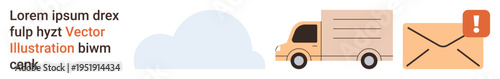 Delivery services, logistics, communication, postal alerts, online shopping, transport systems. A delivery truck, cloud and alert envelope icon. Delivery services and logistics concepts