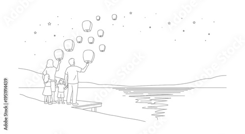 Family releasing sky lanterns at dusk near a calm body of water