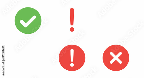 Visual Communication of Approval and Disapproval Symbols A Green Checkmark Denotes Agreement While Red Exclamation Points and Cross Marks Indicate Errors or Negative Feedback Essential for