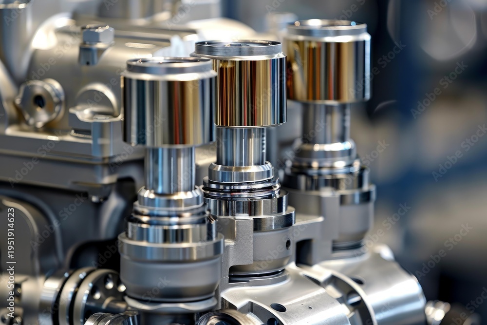 Fototapeta premium Polished pistons gleaming within powerful car engine, showcasing advanced automotive engineering and precision components