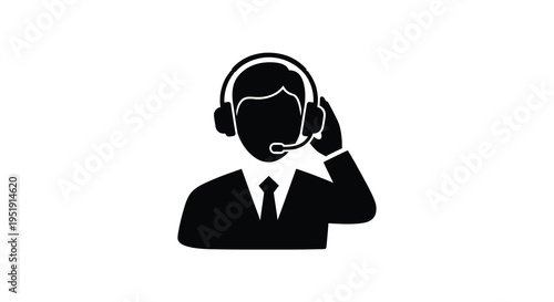 A minimalist black silhouette depicts a customer service representative with a headset representing support and communication high quality professional