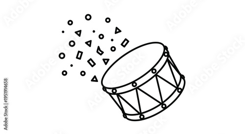 Simple line drawing of a drum with scattered geometric shapes around it