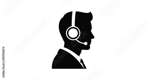 A stark black silhouette depicts a man in profile wearing a professional headset with a microphone high quality detailed