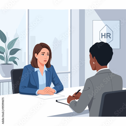 Job Interview Setting with Anxious Candidate and Focused Interviewer in Modern Office for HR Blogs, Career Guidance Websites, Employment Resources, and Professional Development Content
