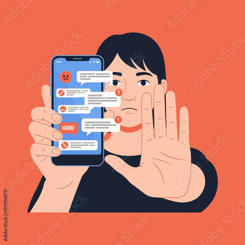 Individual Raising Hand Towards Phone with Text Messages Representing Online Abuse for Awareness Campaigns, Educational Materials, and Social Media Posts