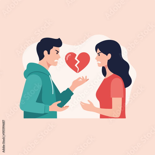 Couple Arguing Over a Broken Heart Symbol in a Soft Background for Relationship Blogs, Counseling Websites, Emotional Awareness Campaigns, and Social Media Posts on Relationship Struggles